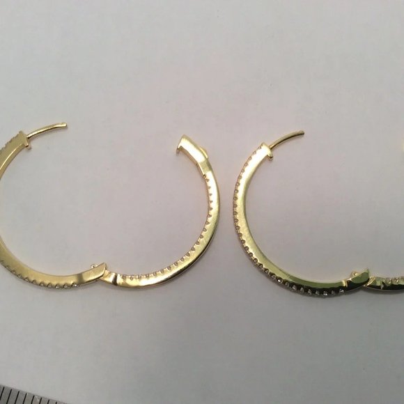 YELLOW  Solid 925 Sterling Silver POLISHED  HOOPS CZ EARRINGS 1 1/2'' - Picture 4 of 7